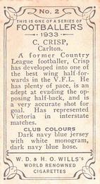 1933 Wills's Victorian Footballers (Small) #2 Cresswell Crisp Back